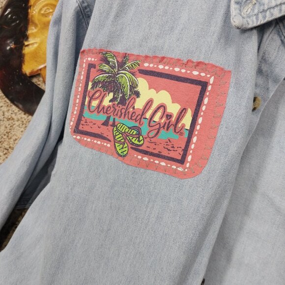 3168 Size XL Port & Company Jean Upcycled Button Down Tunic In Purple and Green - Picture 4 of 7